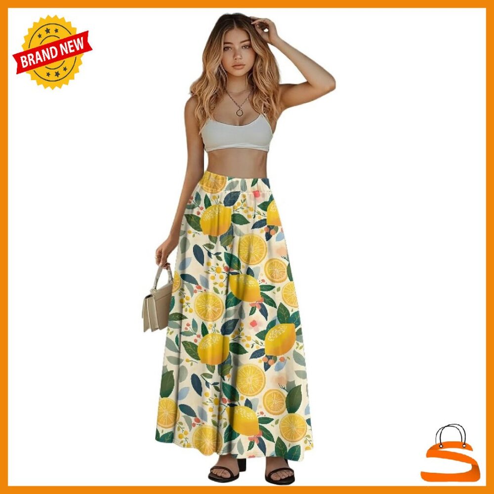 Women's High Waisted Pleated Maxi Skirt With Pockets Flowy Polyester